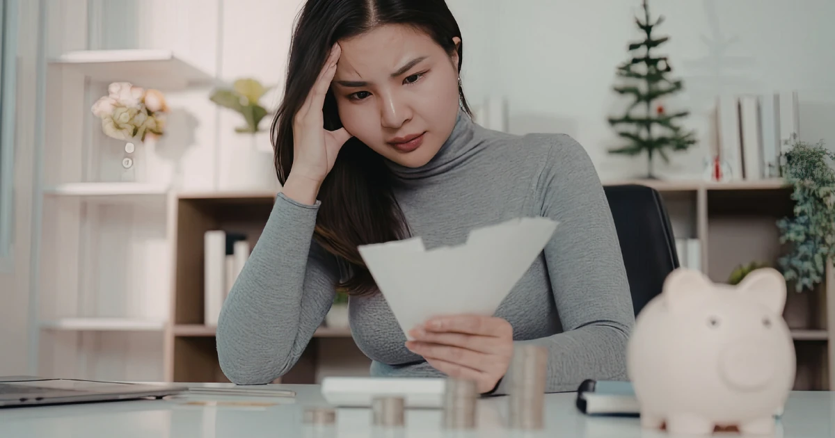 書類を見て不安そうな表情の女性と貯金箱