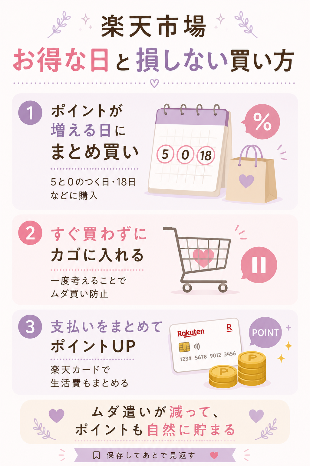 楽天市場 お得な日と損しない買い方の図解｜まとめ買い・カゴ入れ・楽天カード活用の3ステップ