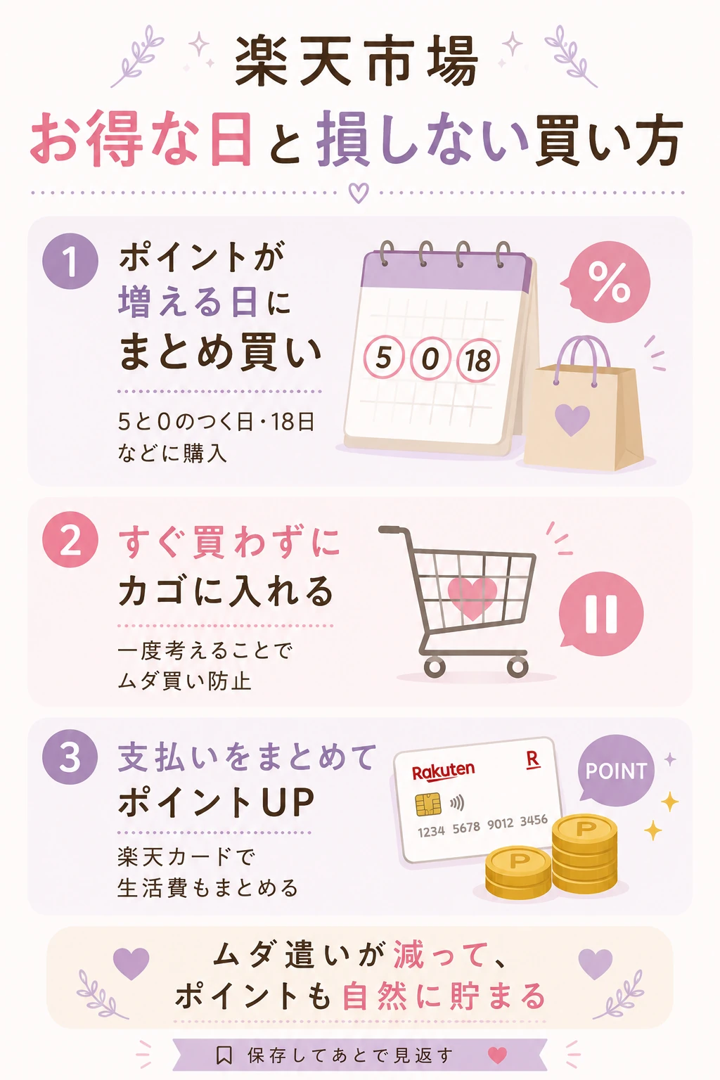 楽天市場 お得な日と損しない買い方の図解｜まとめ買い・カゴ入れ・楽天カード活用の3ステップ